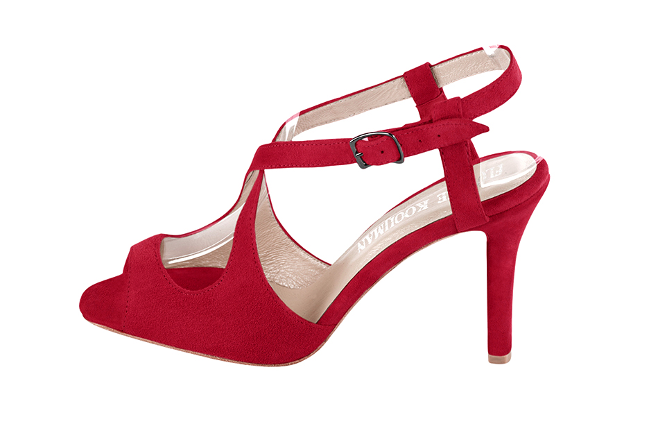 Women's cardinal red elegant cross straps sandals. Round toe. High slim heel - Profile view